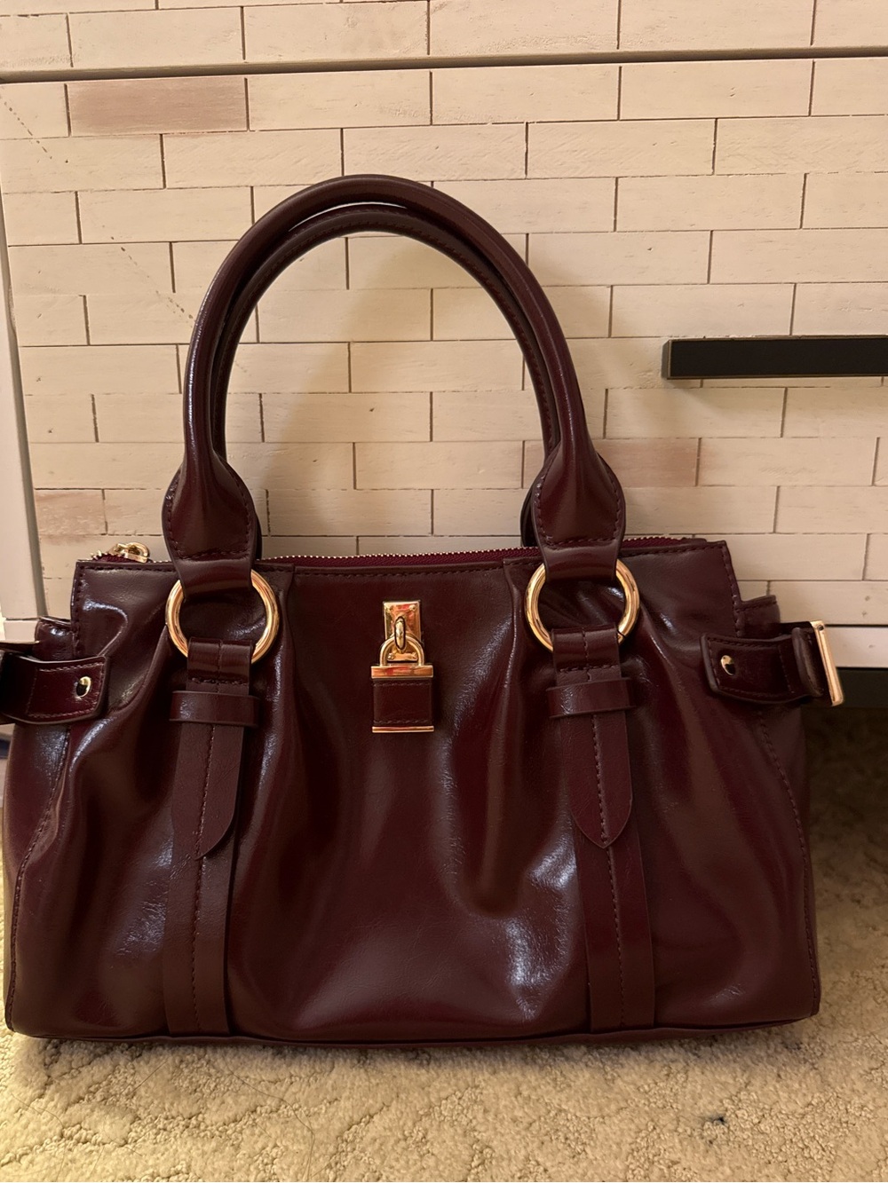Aldo Deep Burgundy Top-Handle Satchel with Gold Hardware